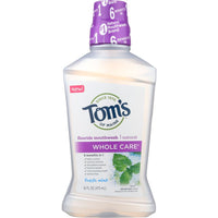 Tom's of Maine Natural Whole Care Anticavity Mouthwash Mild Mint bottle with label and cap.